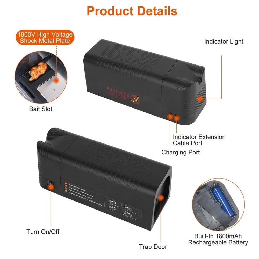 Rodent Zapper Electric Rat Trap 1800V Shock Mice Trap Rechargeable Reusable Home Pest Control Solut 9
