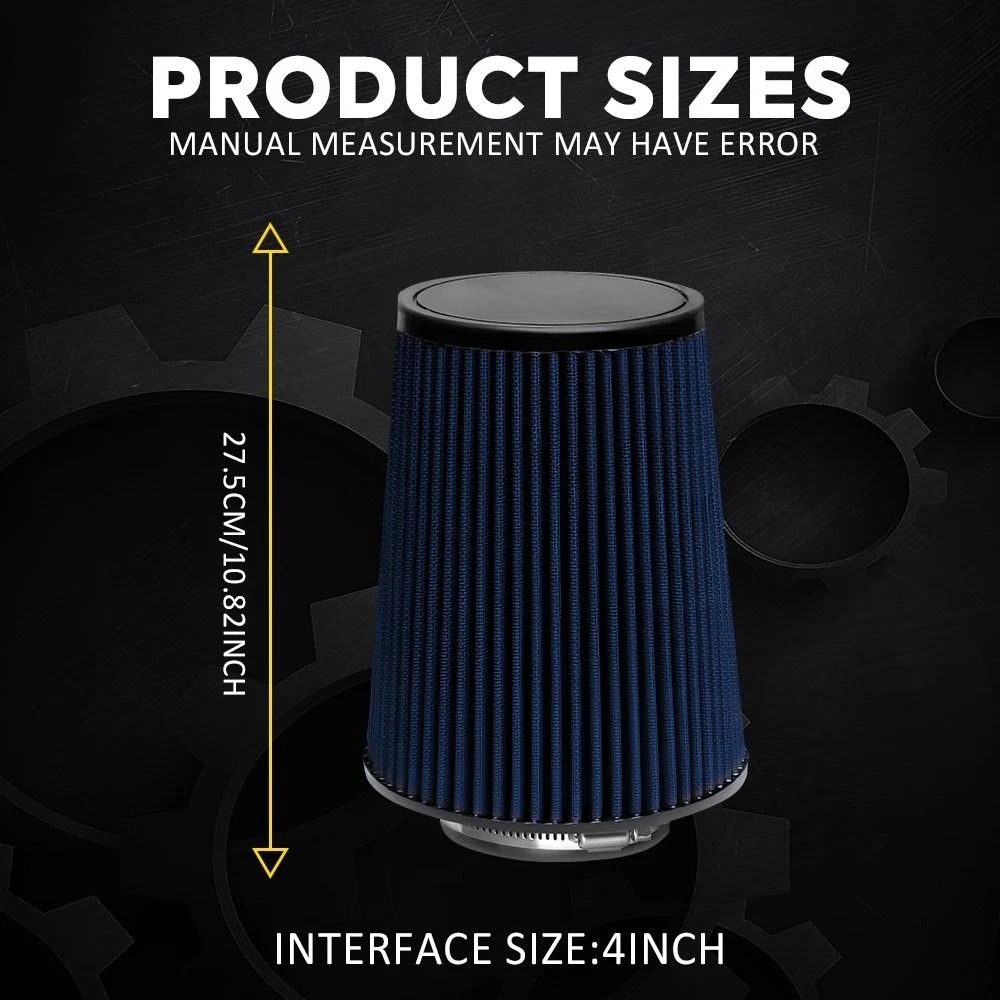 Long Performance BLUE Truck High Flow Cold Air Intake Cone Dry Filter Universal Fit 4