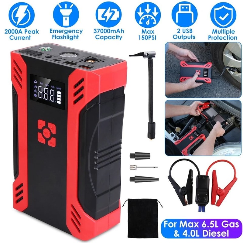 Jump Starter With Air Compressor Emergency Car Battery Booster Power Supply 12