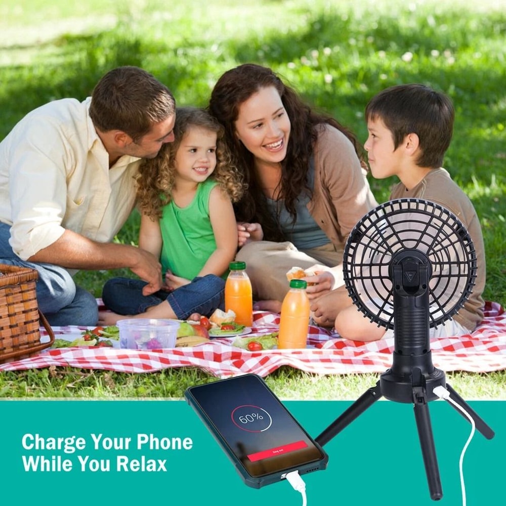 Rechargeable Camping Fan Foldable Tripod Fan W LED Light Hanging Hook For Hiking Tent And Outdoor 7