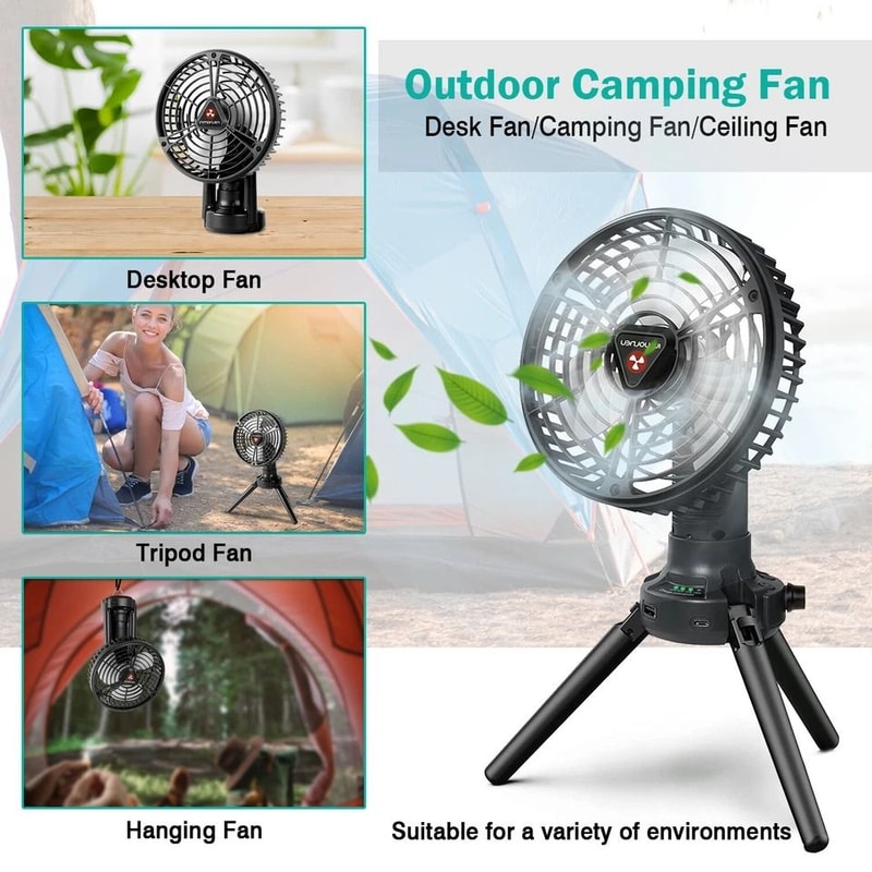Rechargeable Camping Fan Foldable Tripod Fan W LED Light Hanging Hook For Hiking Tent And Outdoor 8