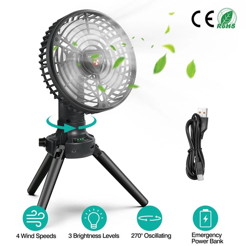 Rechargeable Camping Fan Foldable Tripod Fan W LED Light Hanging Hook For Hiking Tent And Outdoor 14