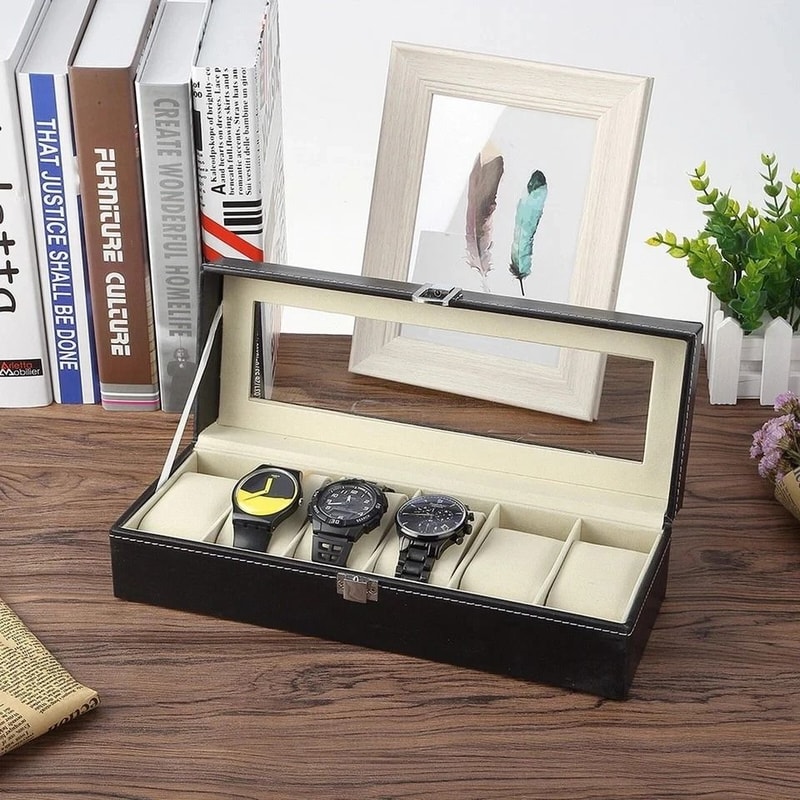 PU Leather 6 Slots Watch Box Jewelry Storage Watch Case Display Case Great Gift For Him And Her 0