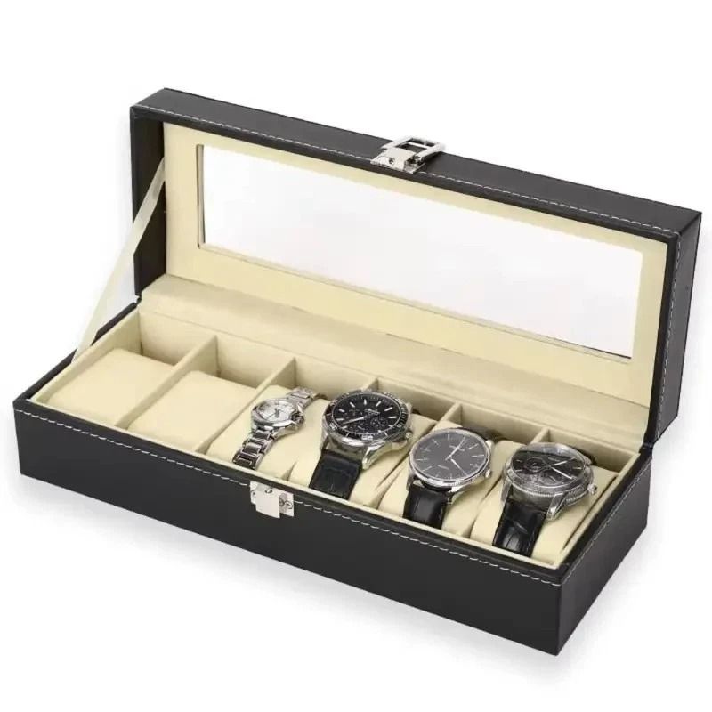 PU Leather 6 Slots Watch Box Jewelry Storage Watch Case Display Case Great Gift For Him And Her 3