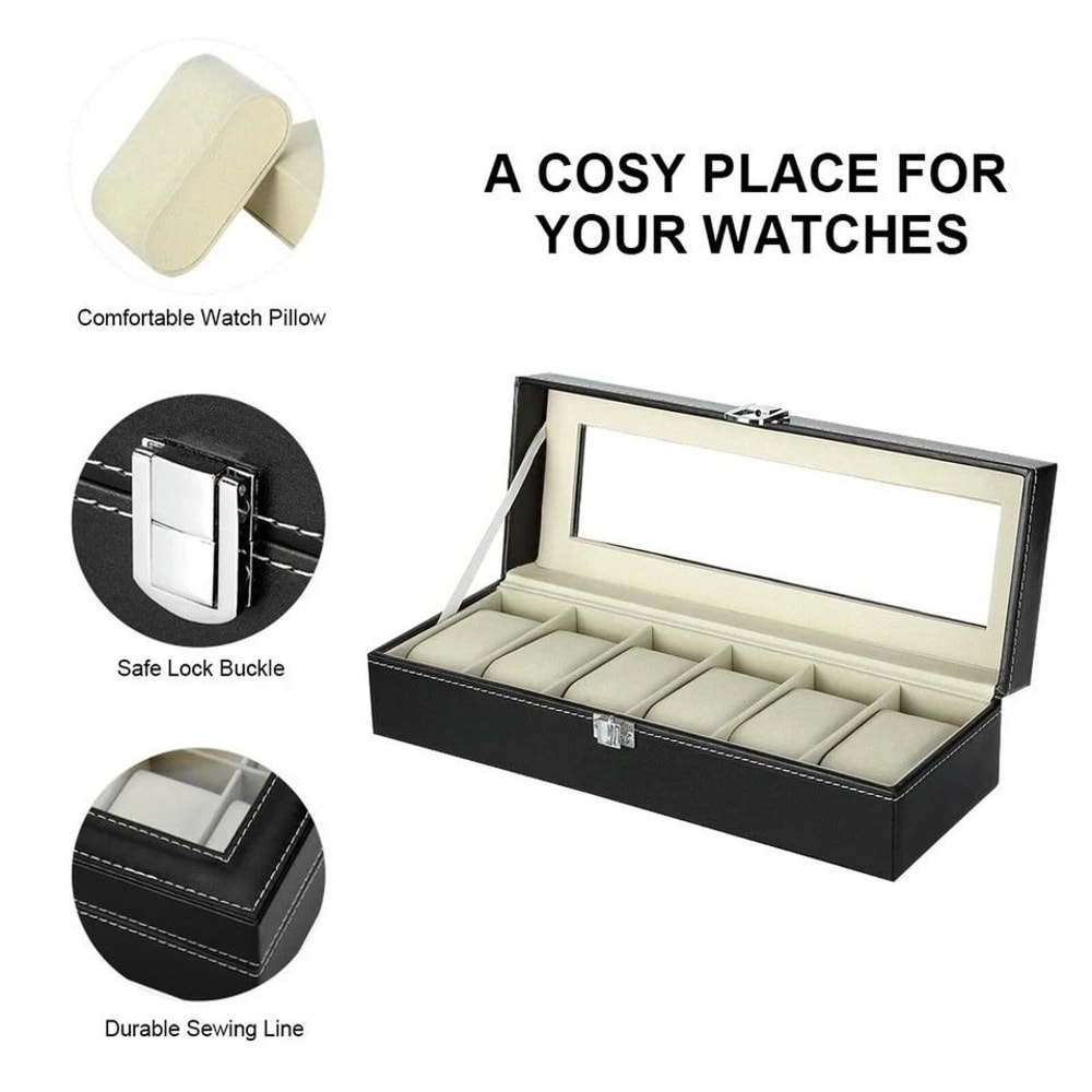 PU Leather 6 Slots Watch Box Jewelry Storage Watch Case Display Case Great Gift For Him And Her 4