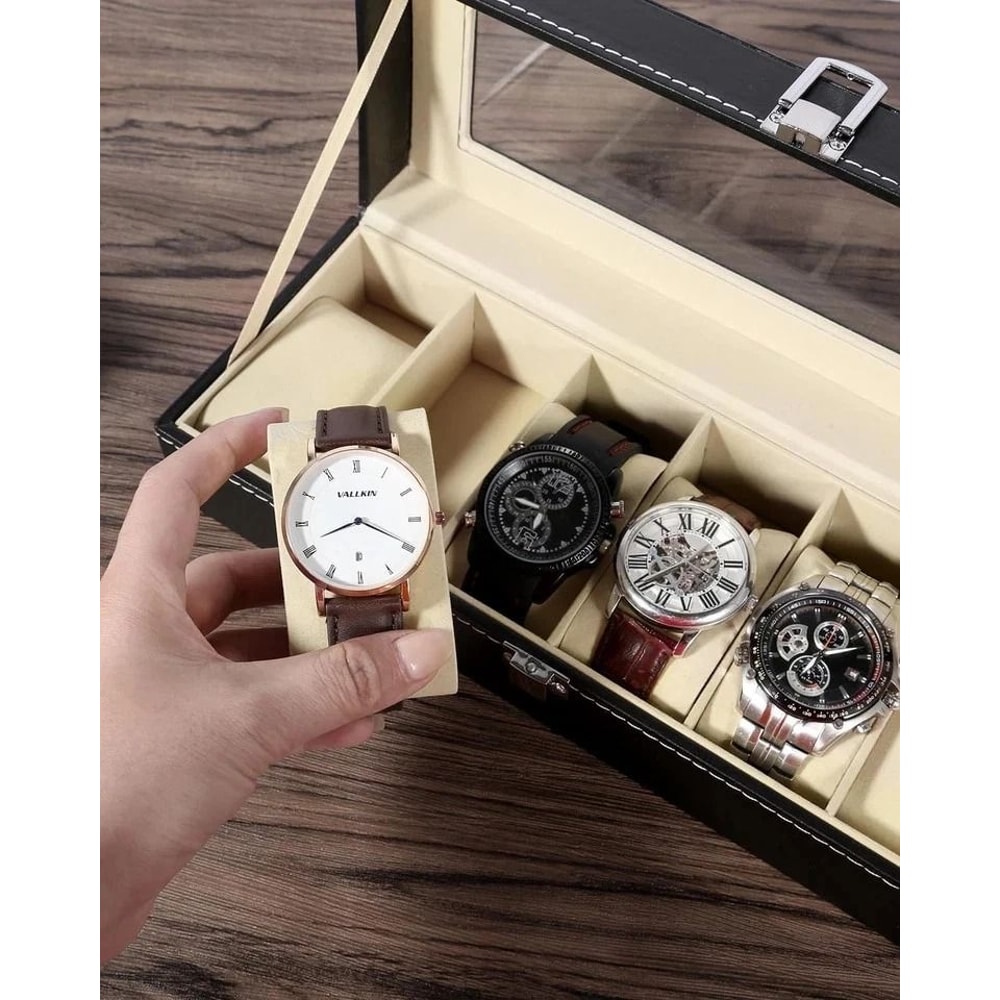 PU Leather 6 Slots Watch Box Jewelry Storage Watch Case Display Case Great Gift For Him And Her 5