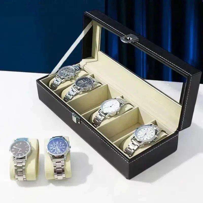 PU Leather 6 Slots Watch Box Jewelry Storage Watch Case Display Case Great Gift For Him And Her 12