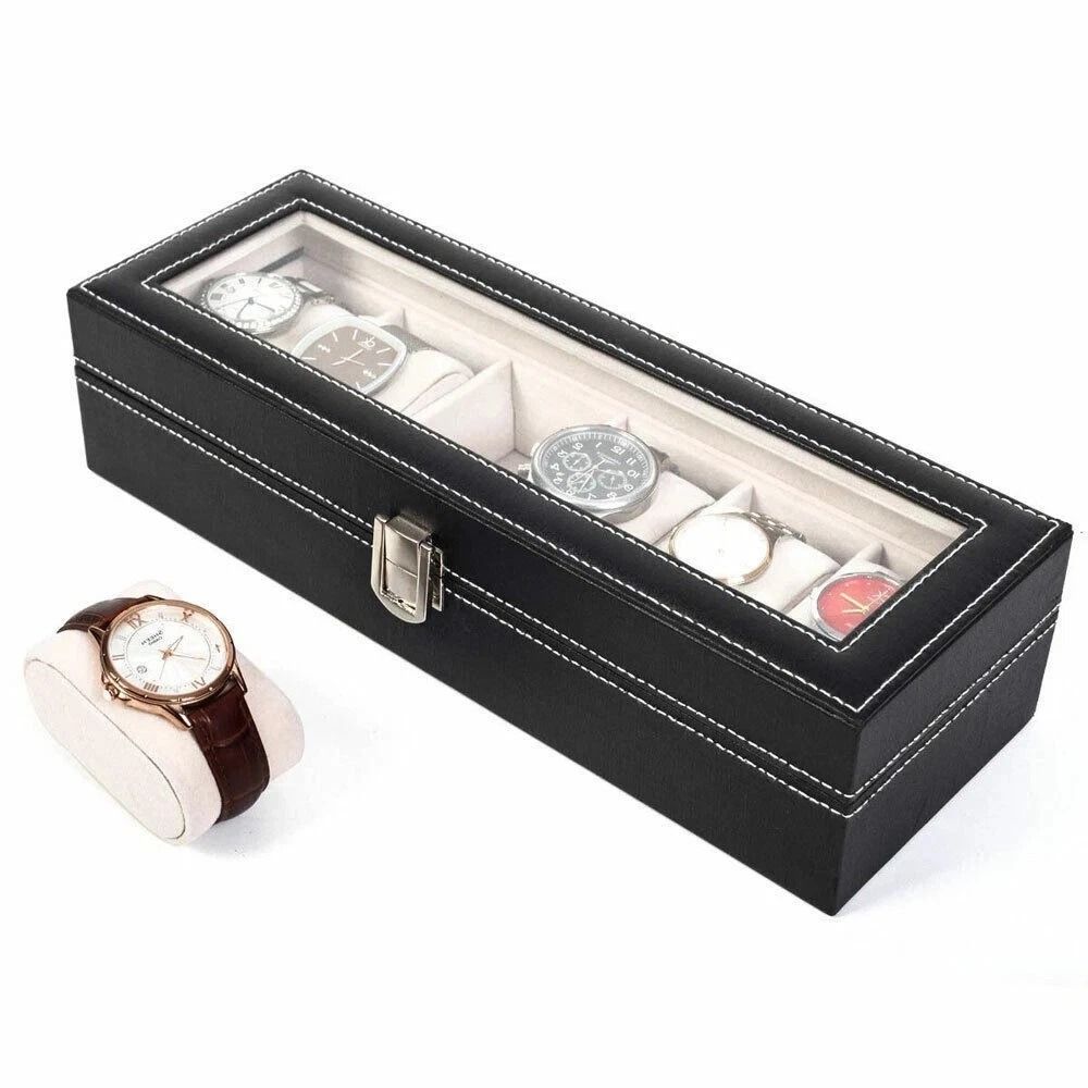 PU Leather 6 Slots Watch Box Jewelry Storage Watch Case Display Case Great Gift For Him And Her 13
