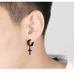 stainless steel cross clip earrings, non-piercing dangle hoop, men women, new stylish accessory