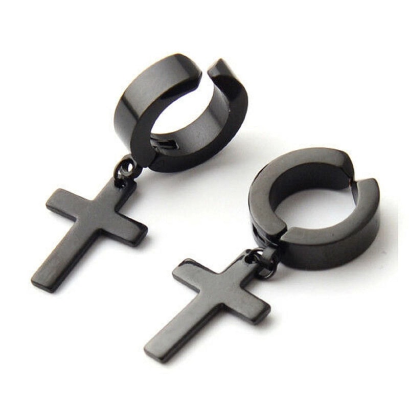 Stainless Steel Cross Clip Earrings NonPiercing Dangle Hoop Men Women New Stylish Accessory 2