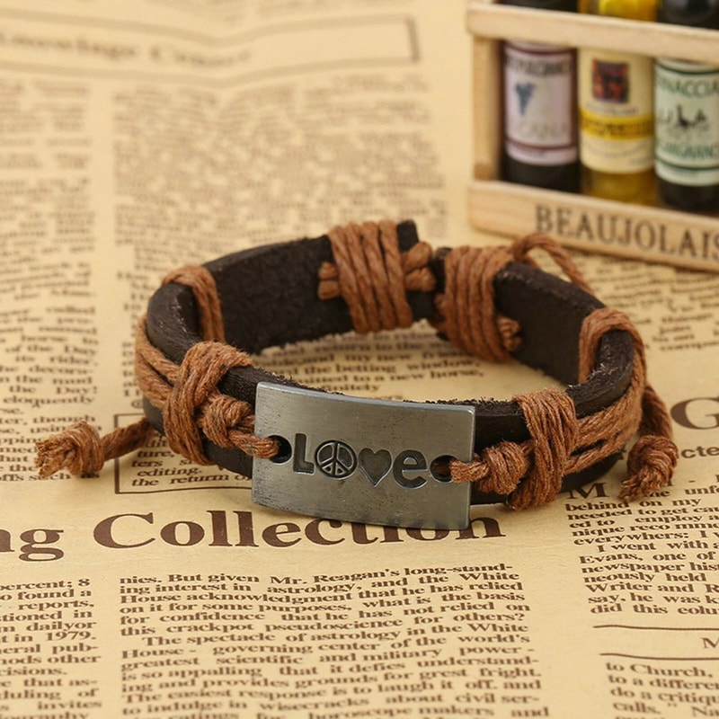 Punk Cuff Bangle Wristband Adjustable Genuine Leather Beaded Bracelet For Men And Women 1