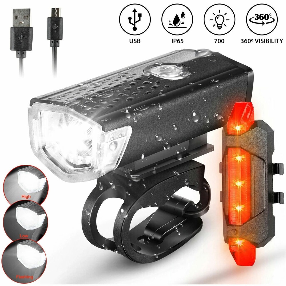 USB Rechargeable LED Bicycle Headlight Rear Light Cycling Lamp Set For Safe Riding 9
