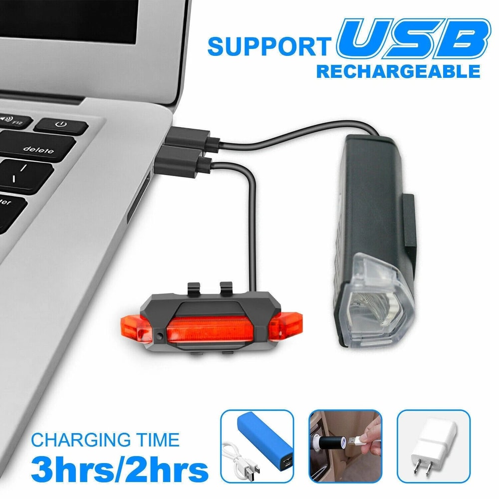 USB Rechargeable LED Bicycle Headlight Rear Light Cycling Lamp Set For Safe Riding 7