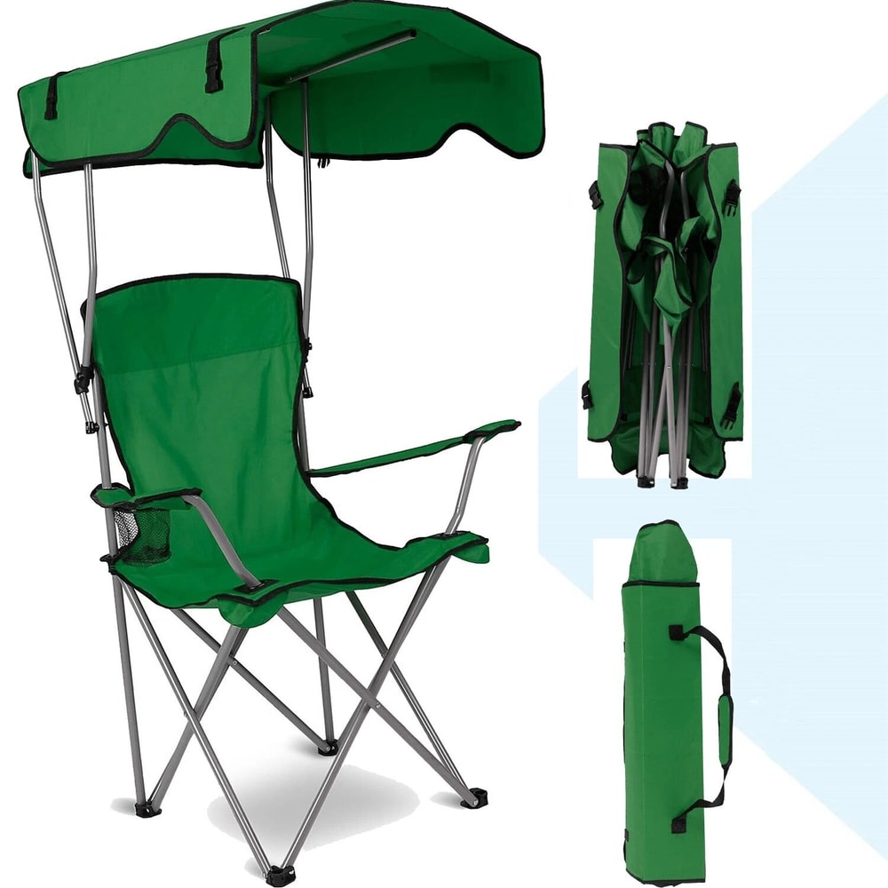 Heavy Duty Outdoor Beach Chair Green Folding Camping Chair With Canopy Shade Comfortable Portable 12
