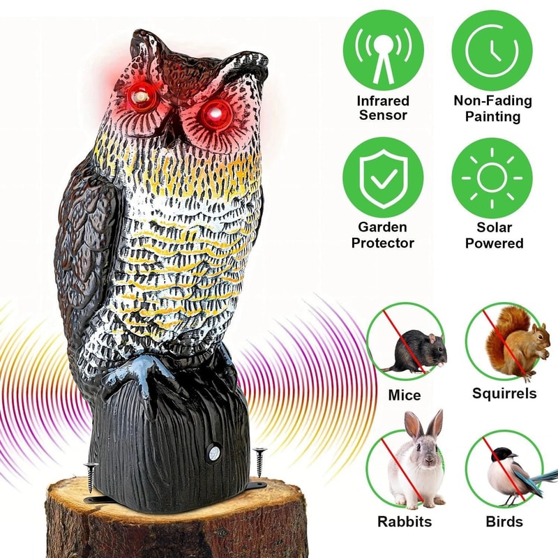 Solar Powered Fake Owl Scarecrow WFlashing Eye Sound Garden Outdoor Bird Repellent 9