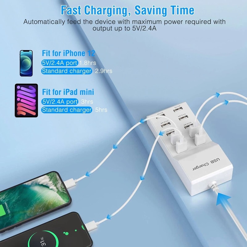 10 Ports USB Charging Station Wall Charger Power Adapter For Phone Tablet And Electronics 7
