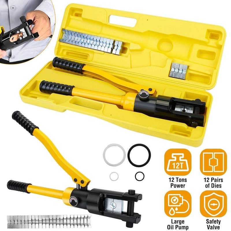 12 Ton Hydraulic Crimper Tool For Battery Cable Lug Terminal Crimping Kit With 12 Dies Heavy Duty H 9