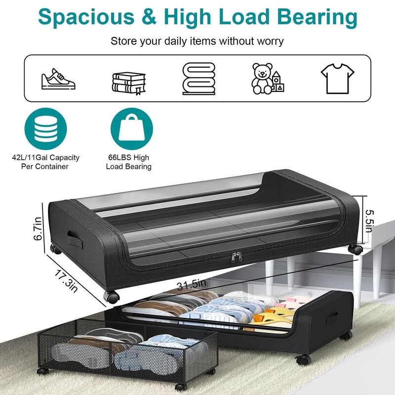 Under Bed Storage Organizer W Zipper Wheels Clear Lid Perfect For Bedroom Closet Organization 6