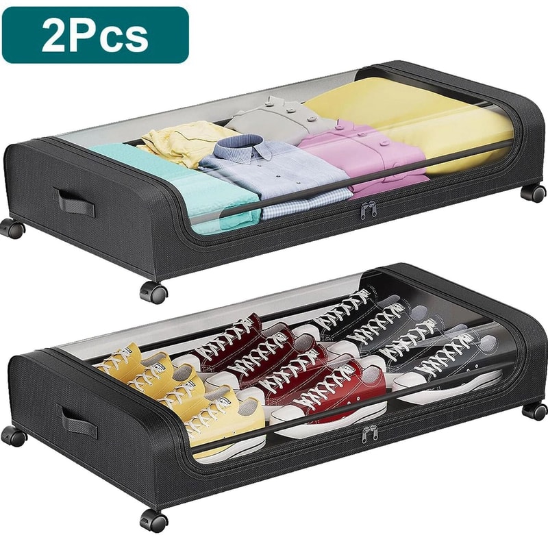 Under Bed Storage Organizer W Zipper Wheels Clear Lid Perfect For Bedroom Closet Organization 2