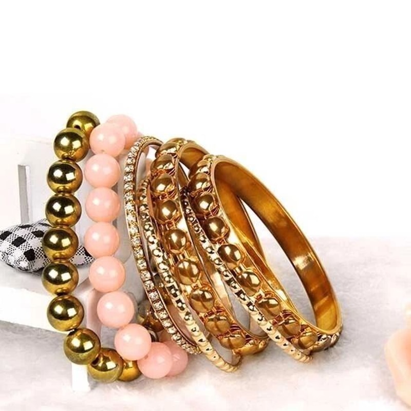 Retro Burnished Gold Alloy Bangle Bracelet Set Inlaid Rhinestone 1