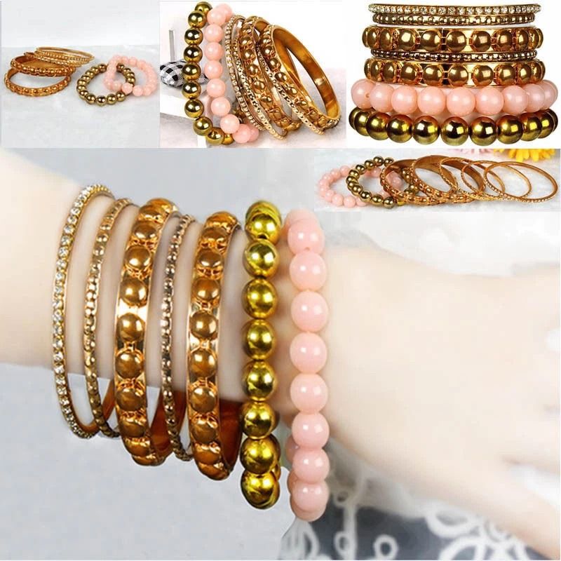 Retro Burnished Gold Alloy Bangle Bracelet Set Inlaid Rhinestone 4