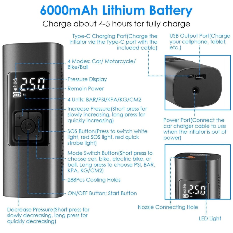 Auto Electric Inflator Compressor Portable Car Digital Air Tire Pump Efficient Reliable Tire Press 6