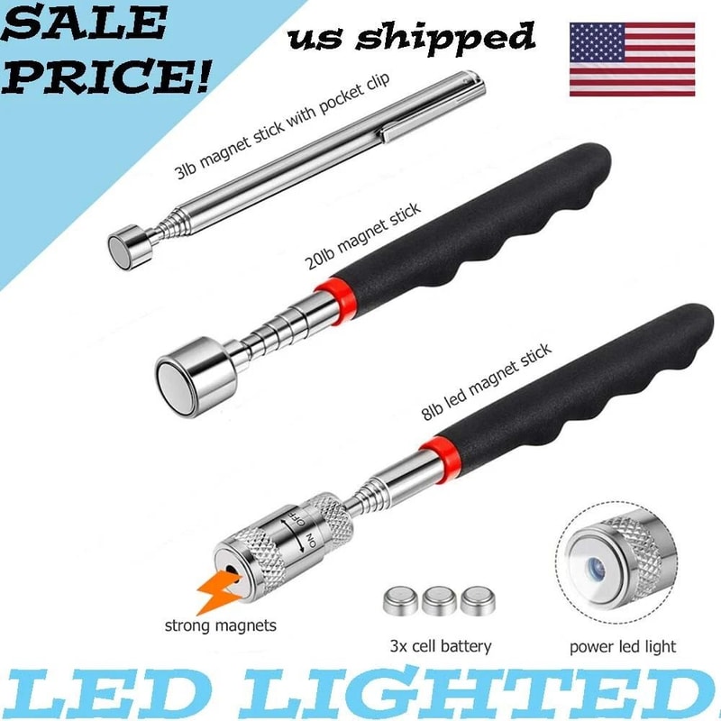 Telescoping Magnet Pickup Tool Stick 8 Lb LED Light Grabber Extend Ideal For Tight Spaces 3