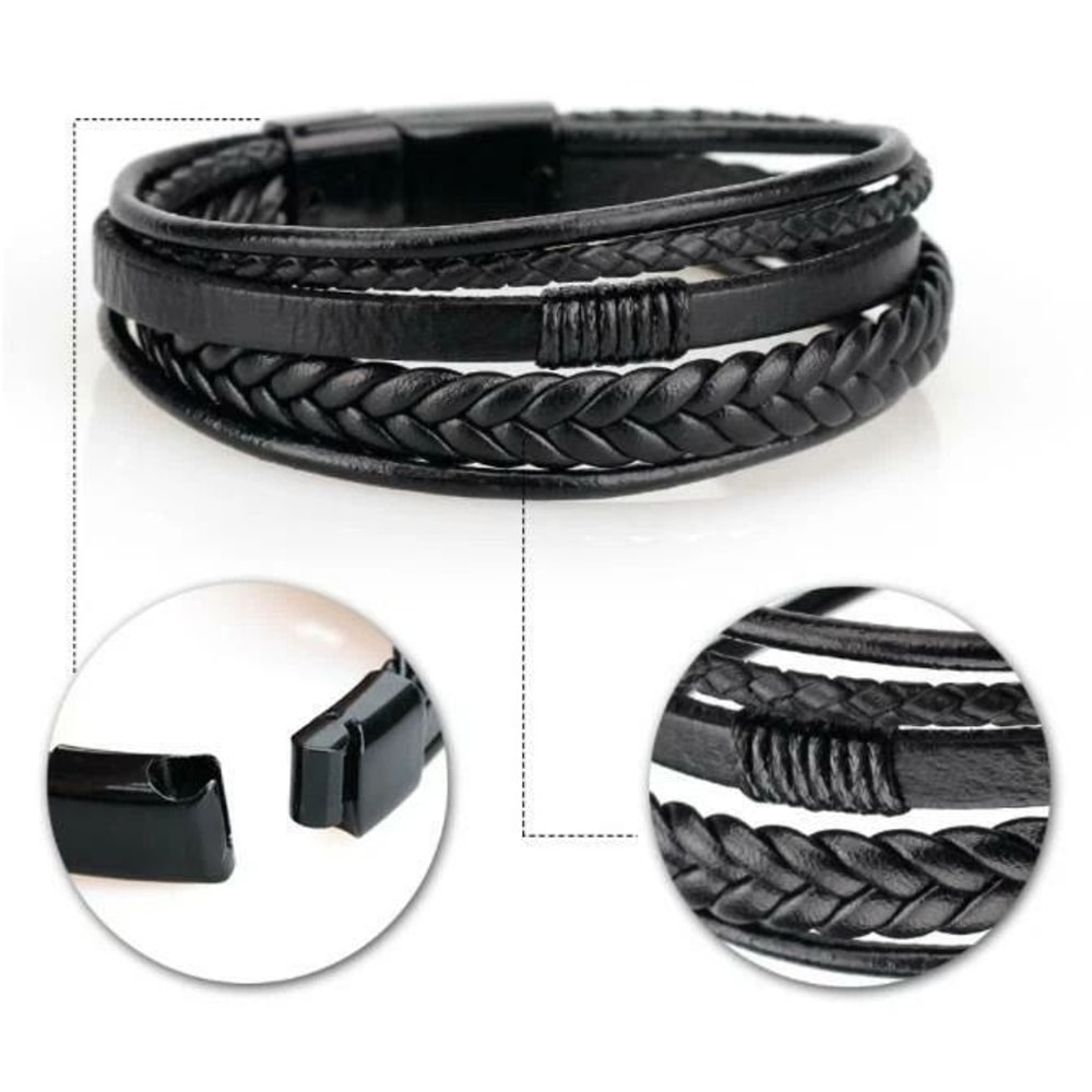 Men Jewelry Black Braided Leather Bracelet MultiLayer Stainless Steel Clasp A For Unique Style And