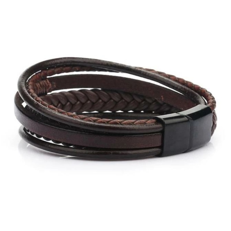 Men Jewelry Black Braided Leather Bracelet MultiLayer Stainless Steel Clasp A For Unique Style And