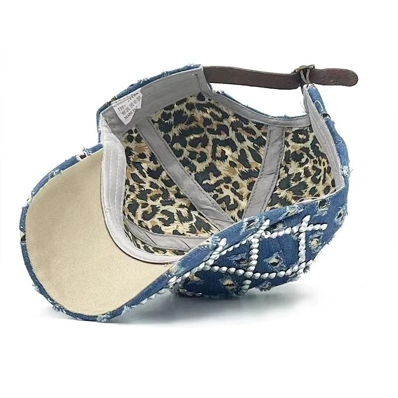 Adjustable Washed Cotton Denim Baseball Cap With Diamond Shape Bling Rhinestones Stylish Hat For Wo