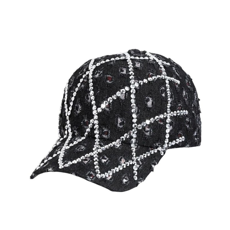 Adjustable Washed Cotton Denim Baseball Cap With Diamond Shape Bling Rhinestones Stylish Hat For Wo