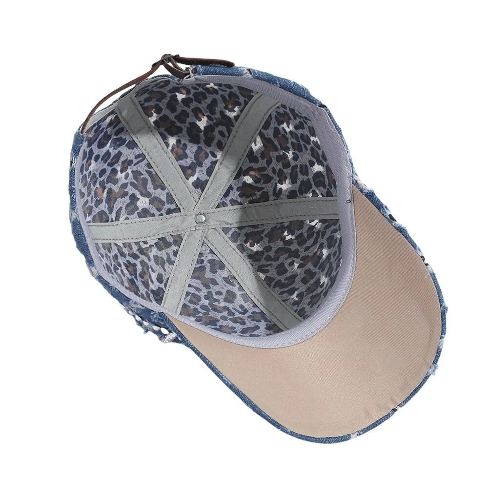 Adjustable Washed Cotton Denim Baseball Cap With Diamond Shape Bling Rhinestones Stylish Hat For Wo