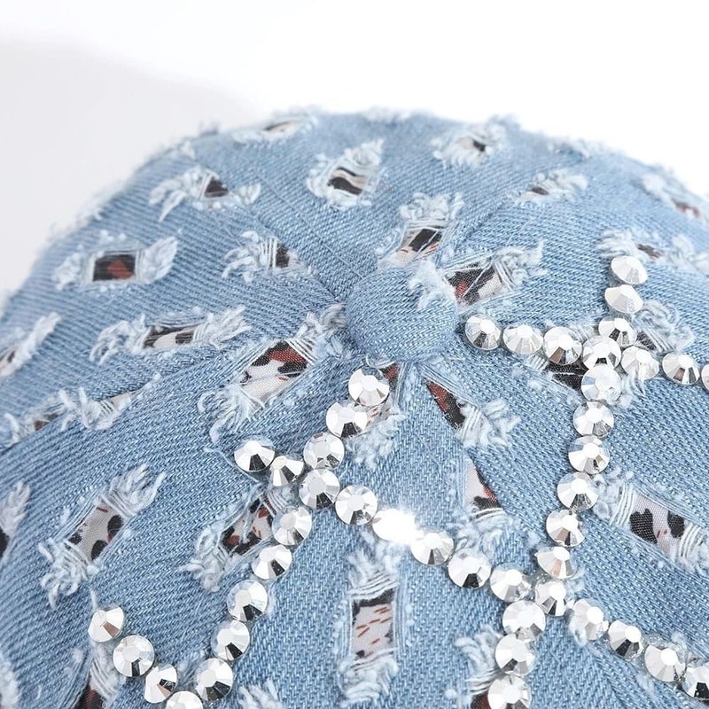 Adjustable Washed Cotton Denim Baseball Cap With Diamond Shape Bling Rhinestones Stylish Hat For Wo