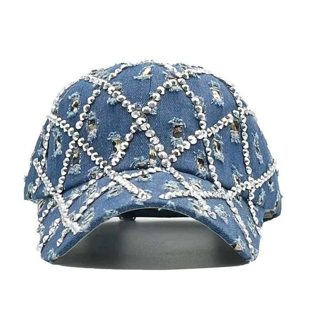 Adjustable Washed Cotton Denim Baseball Cap With Diamond Shape Bling Rhinestones Stylish Hat For Wo