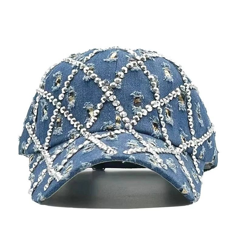 Adjustable Washed Cotton Denim Baseball Cap With Diamond Shape Bling Rhinestones Stylish Hat For Wo