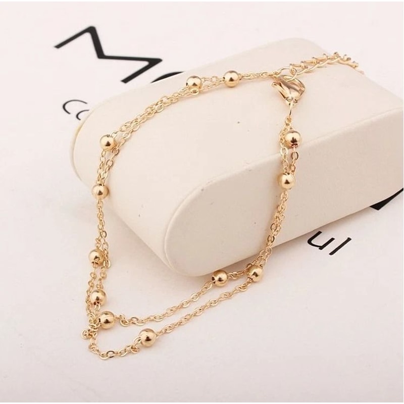 Elegant Gold Silver Anklet Double Layer Beads Foot Chain Trendy Ankle Bracelet For Women 2