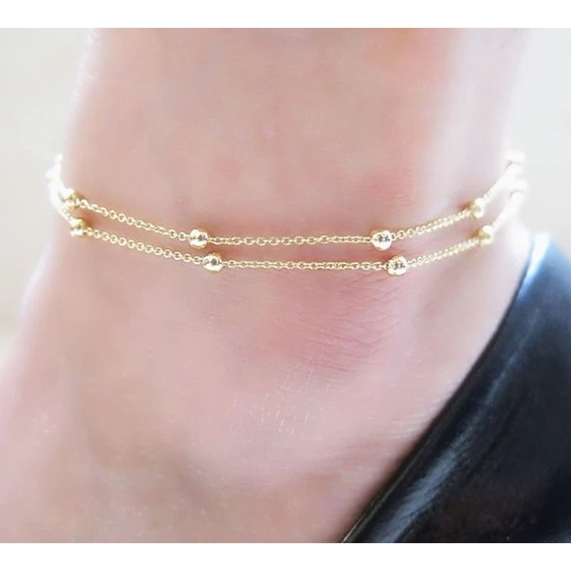 Elegant Gold Silver Anklet Double Layer Beads Foot Chain Trendy Ankle Bracelet For Women 0