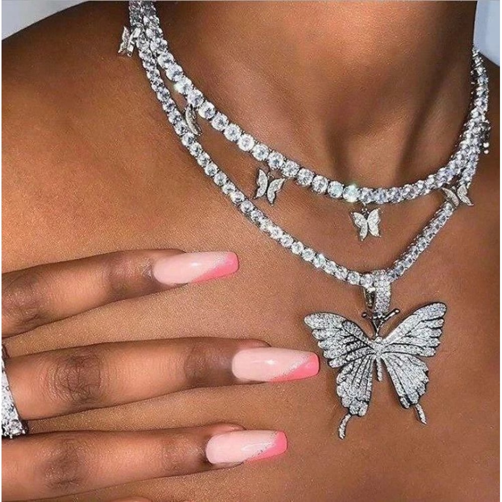 Women Crystal Choker Fashion Butterfly Pendant Necklace Rhinestone Sweater Chain 0