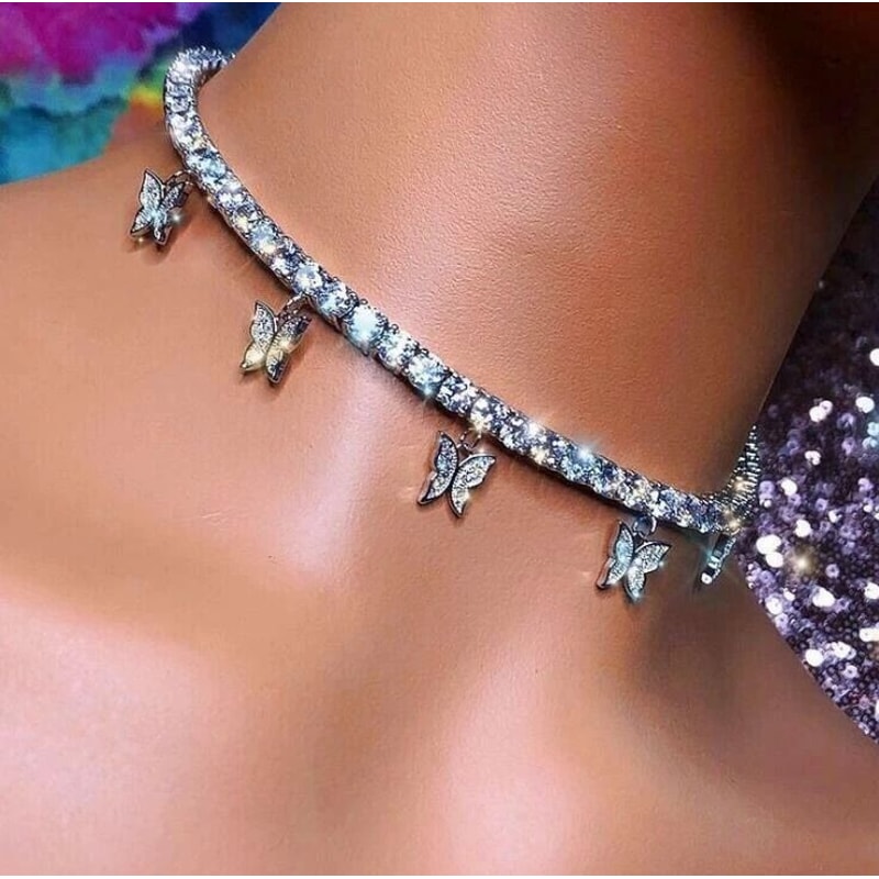 Women Crystal Choker Fashion Butterfly Pendant Necklace Rhinestone Sweater Chain 1