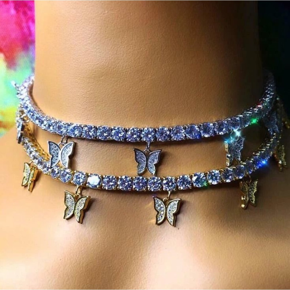 Women Crystal Choker Fashion Butterfly Pendant Necklace Rhinestone Sweater Chain 2
