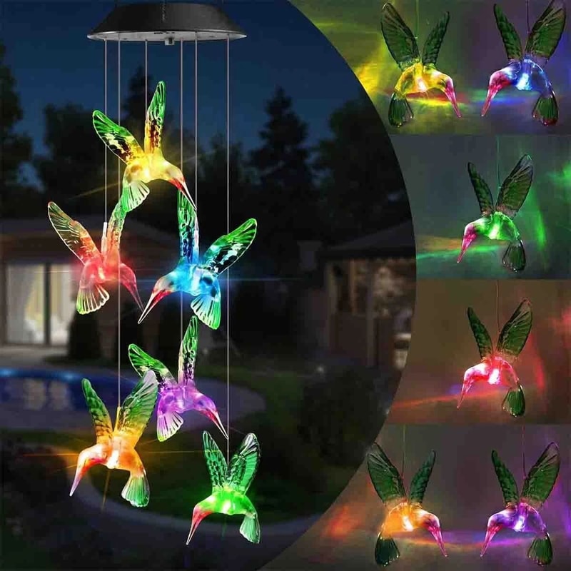 Solar Powered LED Color Changing Wind Chime Lights With Hummingbird Design Garden Yard Decor 0