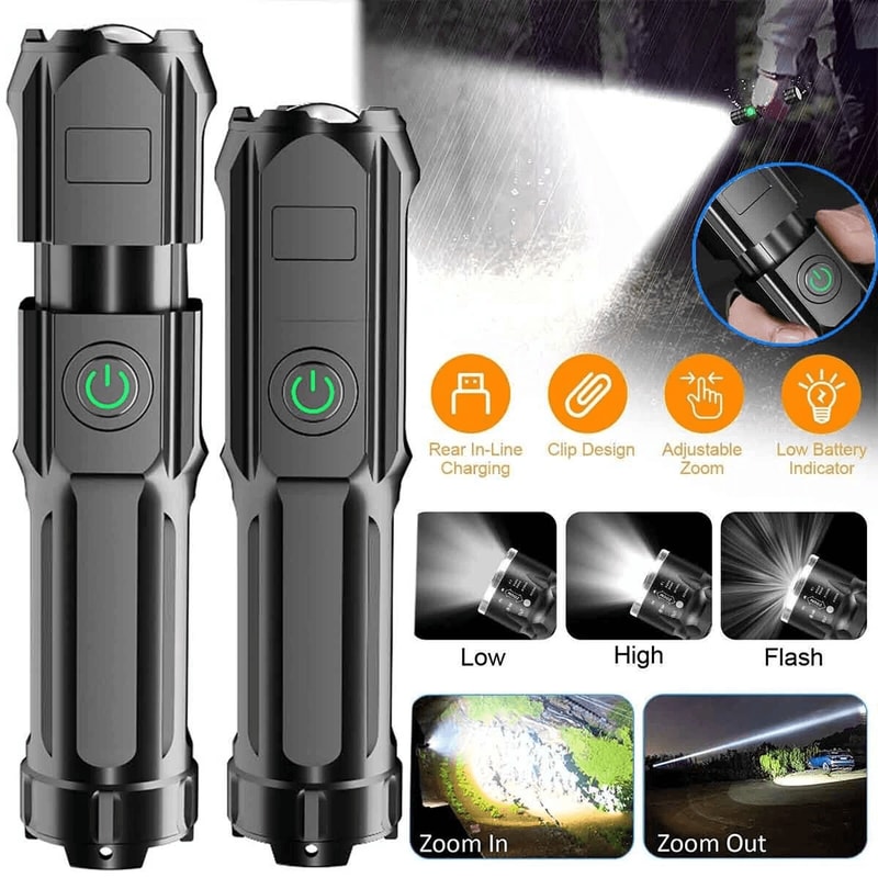 Tactical Police Super Bright Torch Rechargeable LED Flashlight Zoomable 3 Modes Waterproof Compact 8