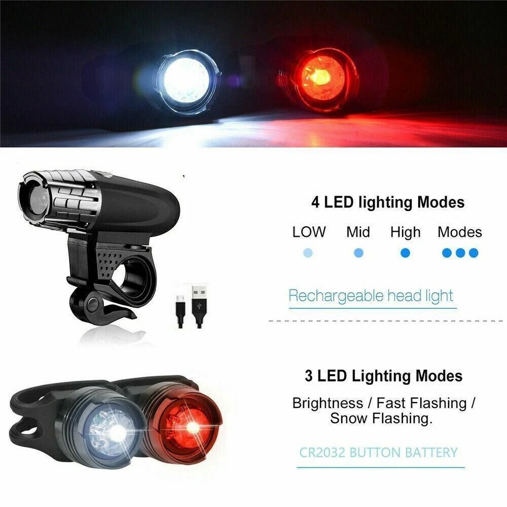 USB Rechargeable LED Bicycle Bike Front Headlight And Rear Tail Light Set HighPower Brightness Dura