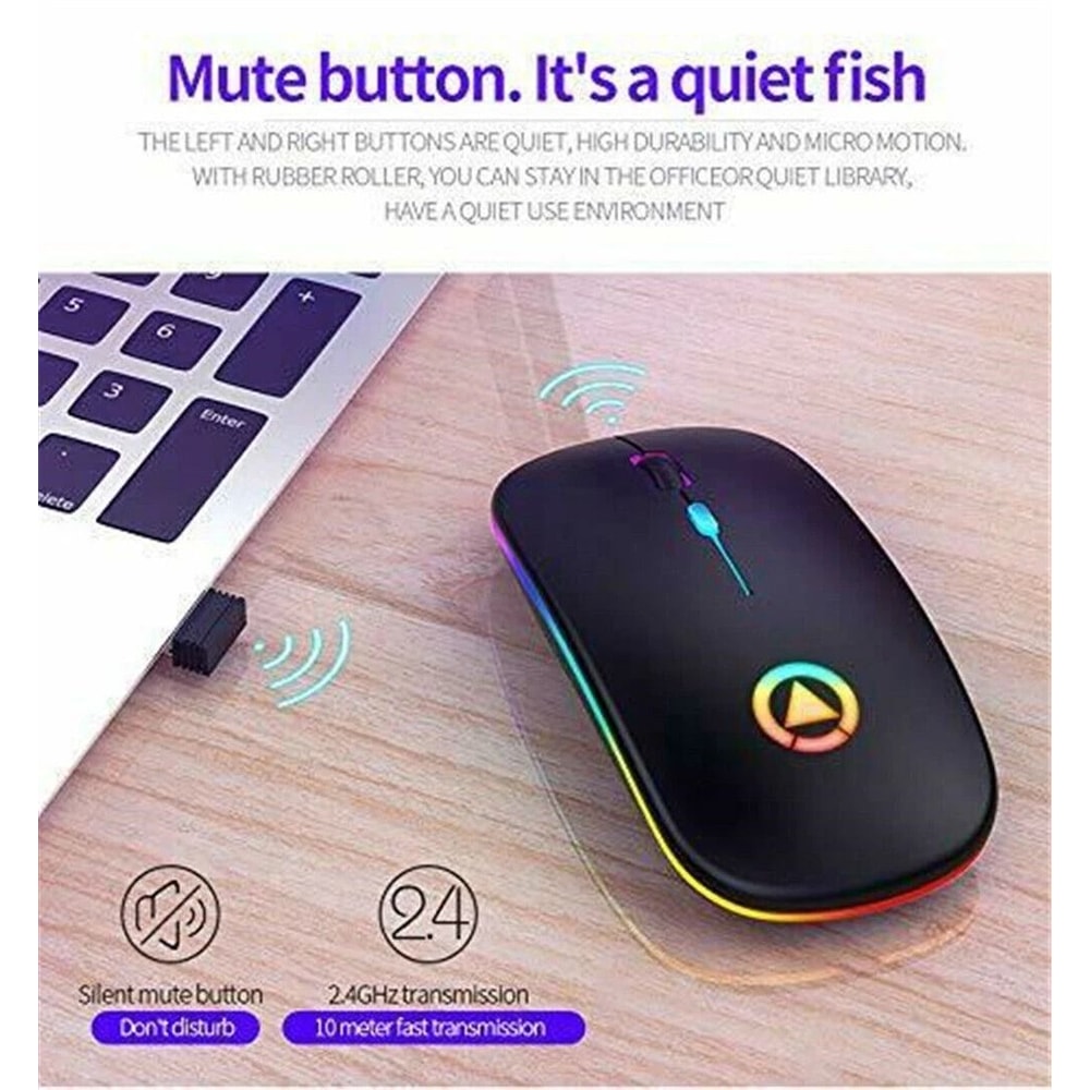 Cordless Mice For PC Laptop Wireless Optical Mouse USB Rechargeable RGB 1