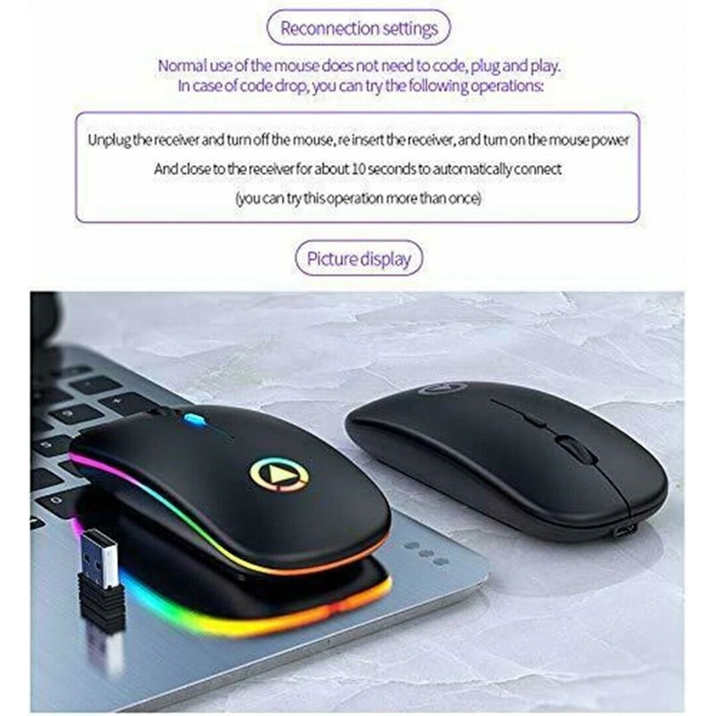 Cordless Mice For PC Laptop Wireless Optical Mouse USB Rechargeable RGB 3