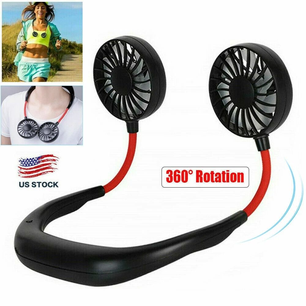 Rechargeable LED Portable Mini USB Neckband Fan Dual Cooling Neck Hanging Fan For Outdoor Travel An 9