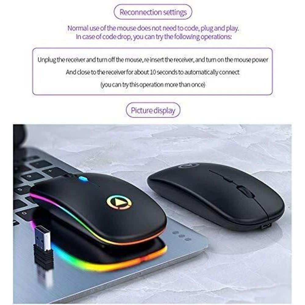 USB Rechargeable RGB Wireless Optical Mouse Cordless Mice For PC Laptop And More 8