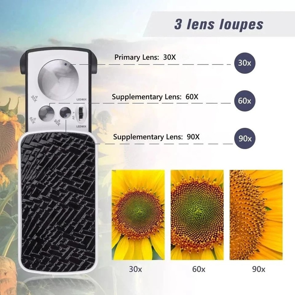 Jeweler Eye Glass Loupe Loop Pocket Magnifying Magnifier With LED Lights 30X 60X 90X Magnification 4