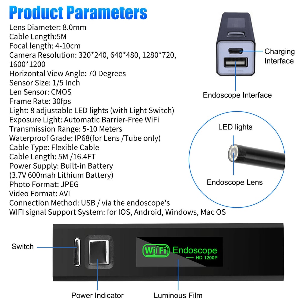 LED WiFi Borescope Endoscope Snake Inspection Camera For IPhone Android IOS 7