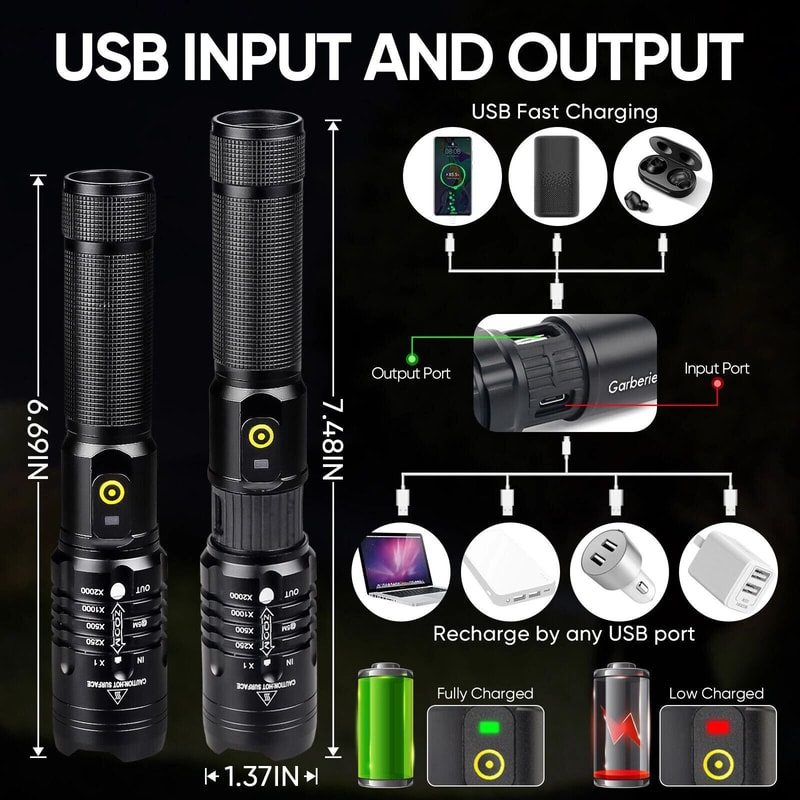 LED Tactical Flashlight SuperBright Zoomable Rechargeable Battery Included Perfect For Camping Hiki 9